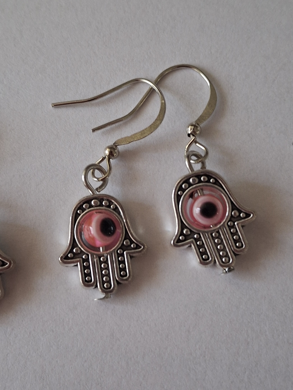 Silver-Inspired Pink Hamsa Evil Eye Drop Earrings